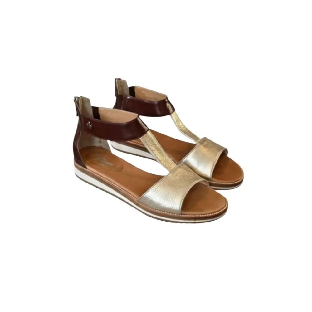 Voltan Brown And Gold Leather T-Stap Zip Heel Sandals Size 8